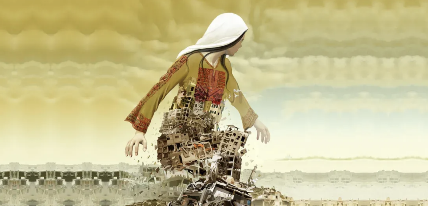 **Alt Text:** A digital artwork depicting a woman wearing a traditional embroidered dress and a white headscarf, standing against a golden cloudy sky. The lower part of her body transforms into crumbling buildings, symbolizing destruction or displacement. The image conveys a sense of loss, resilience, and connection between human identity and a devastated landscape.