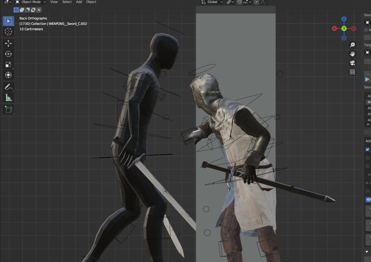 A 3D modeling and animation workspace shows two character models—one stylized black figure and one detailed medieval knight—engaged in a sword-fighting pose, demonstrating motion capture data applied to digital animation within editing software.
