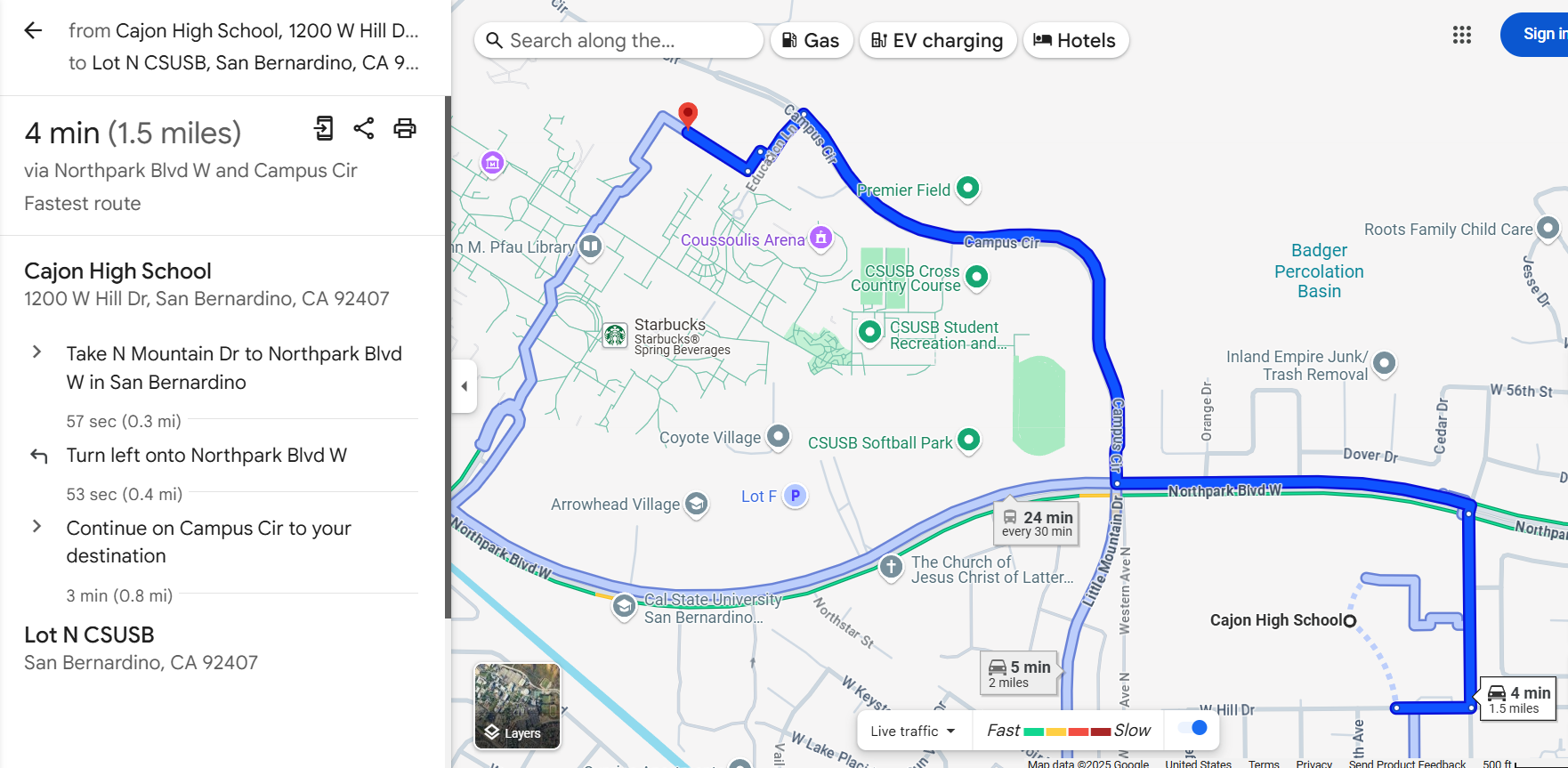 Directions from Cajon HS to CSUSB Lot N