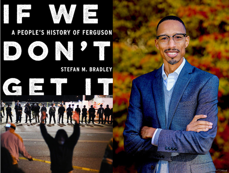 Book Cover and Headshot of Bradley, blue blazer, arms folded, smiling