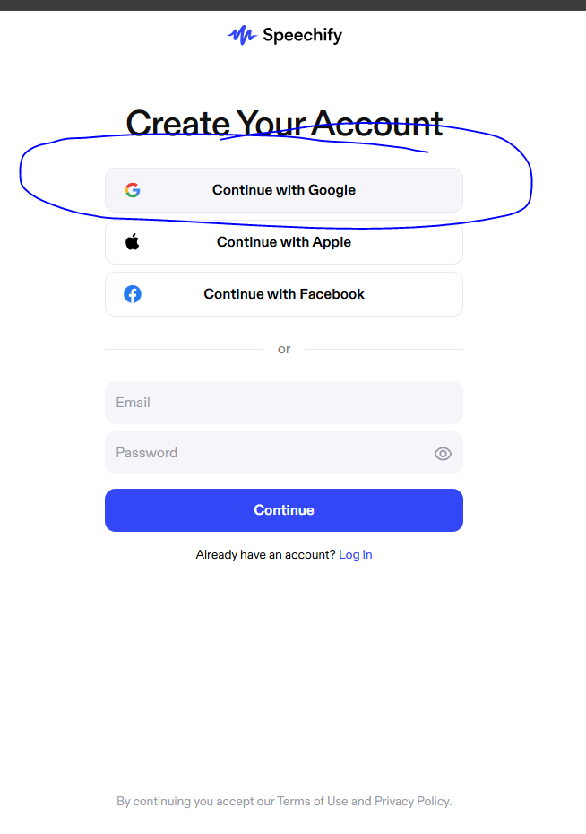 Speechify Create Your Account Page