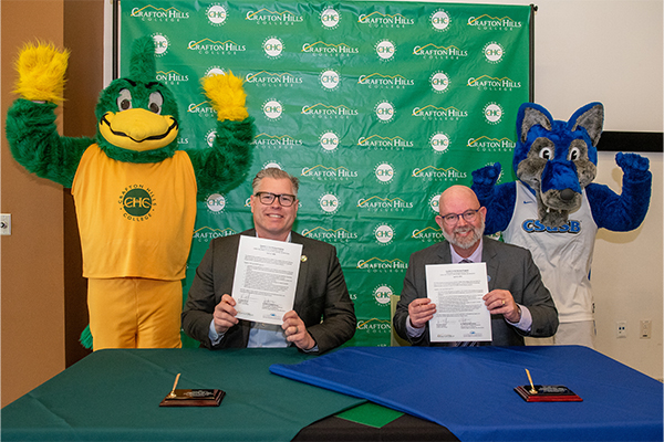 After the memorandum of understanding signing, Hiram and Dufault-Hunter celebrated the momentous occasion with the universities’ mascots, Crafton Hills College’s Ryker and CSUSB’s Cody.