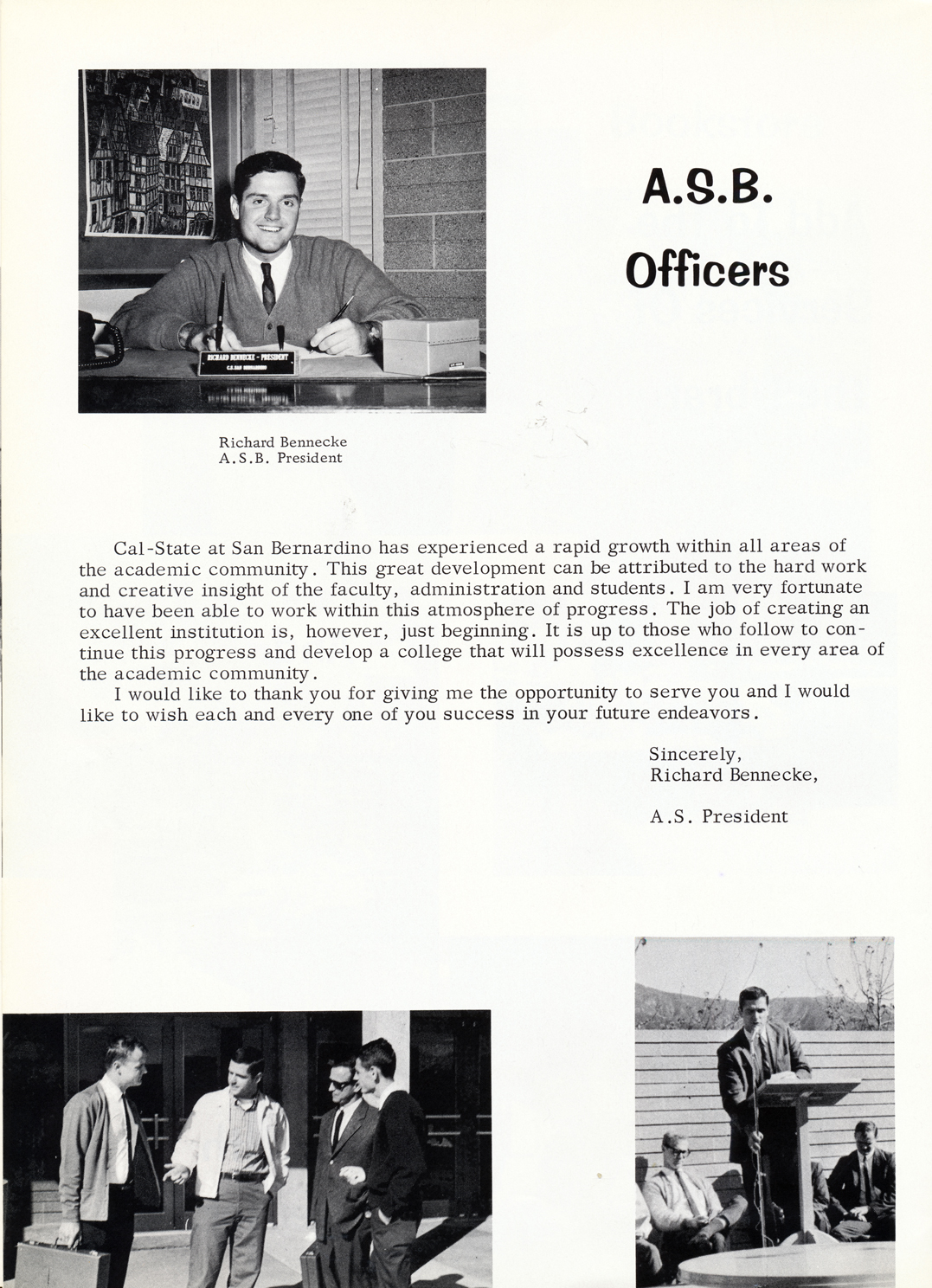 Black and white duplicate of the 1967 Casabo Yearbook for Cal State College San Bernardino: (Top Left) Richard Bennecke, A.S.B President. Courtesy of the CSUSB Pfau Library Collections.