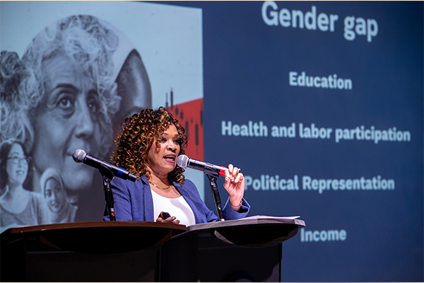 Francisca Beer, associate dean and director of the Office of Academic Equity, opened the program with a presentation on the global disparities affecting women in the economy