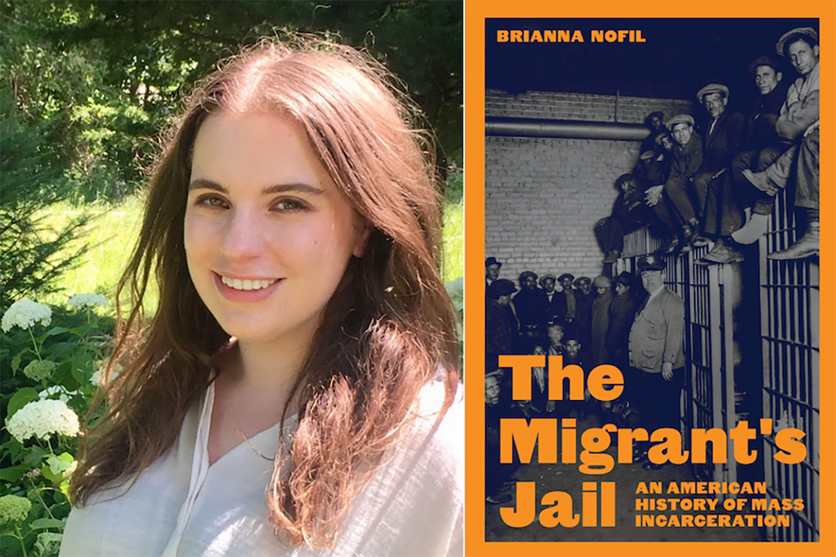 Image of Brianna Nofil and the cover of her book, “The Migrant’s Jail.”