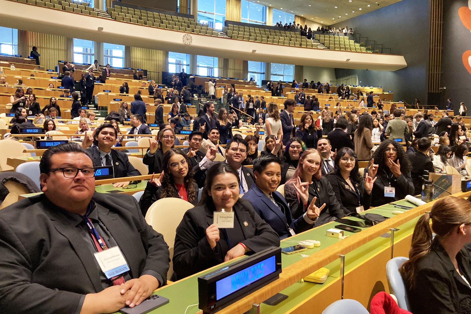 Student delegates from CSUSB in the United Nation's Great Assembly Hall.