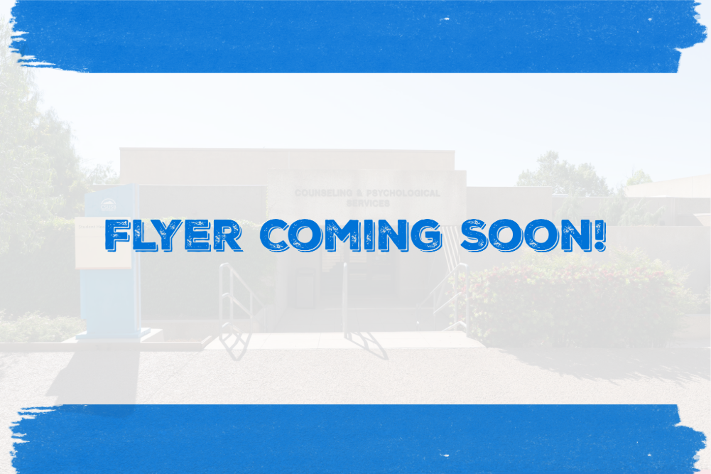 Blue and white flyer with bold text "Flyer Coming Soon!" on a blurred building background. Tone is anticipatory and informational.