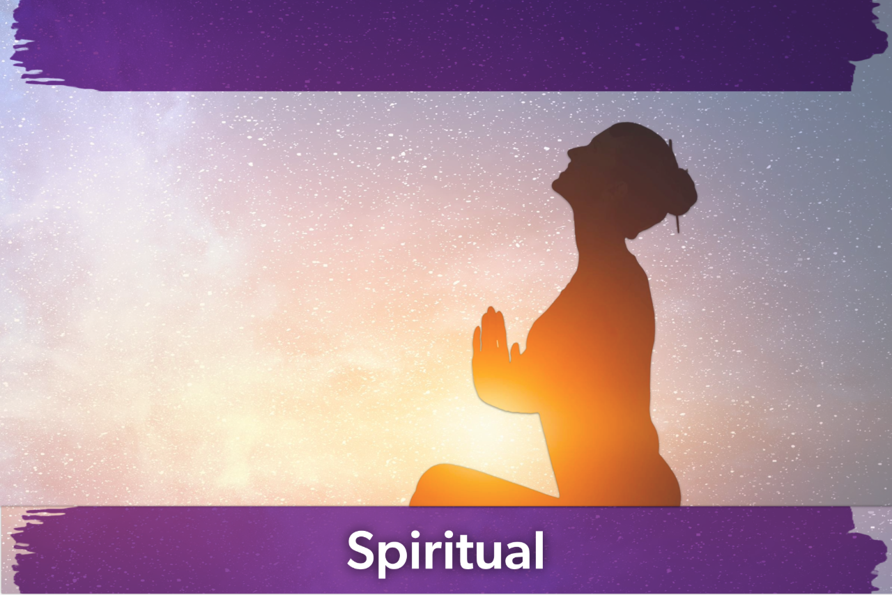 Silhouette of a person meditating against a sunset sky filled with stars. The word "Spiritual" is at the bottom on a purple background. Tranquil mood.