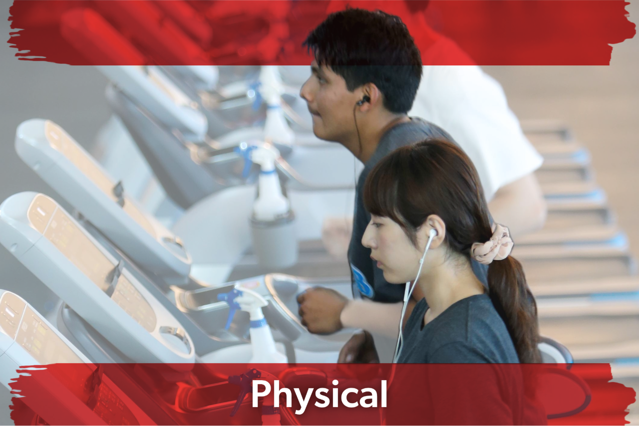 Two people run on treadmills in a gym, wearing earphones and appearing focused. A red banner with the word "Physical" is overlaid at the bottom.