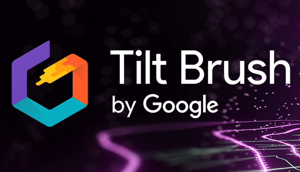 **Alt Text:** Logo and promotional image for “Tilt Brush by Google.” The design features a colorful geometric logo resembling a tilted cube with a paint-like streak inside, placed next to the text “Tilt Brush by Google.” The background shows glowing, abstract digital brush strokes, representing the creative and immersive nature of the virtual reality painting application.