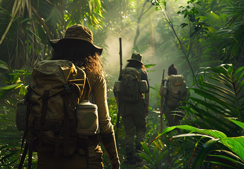 Three people wearing large backpacks wander in a jungle.