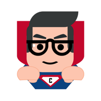 CLARK Logo. A superhero with short dark hair, black glasses, red cape, and blue uniform with the letter C on the front.