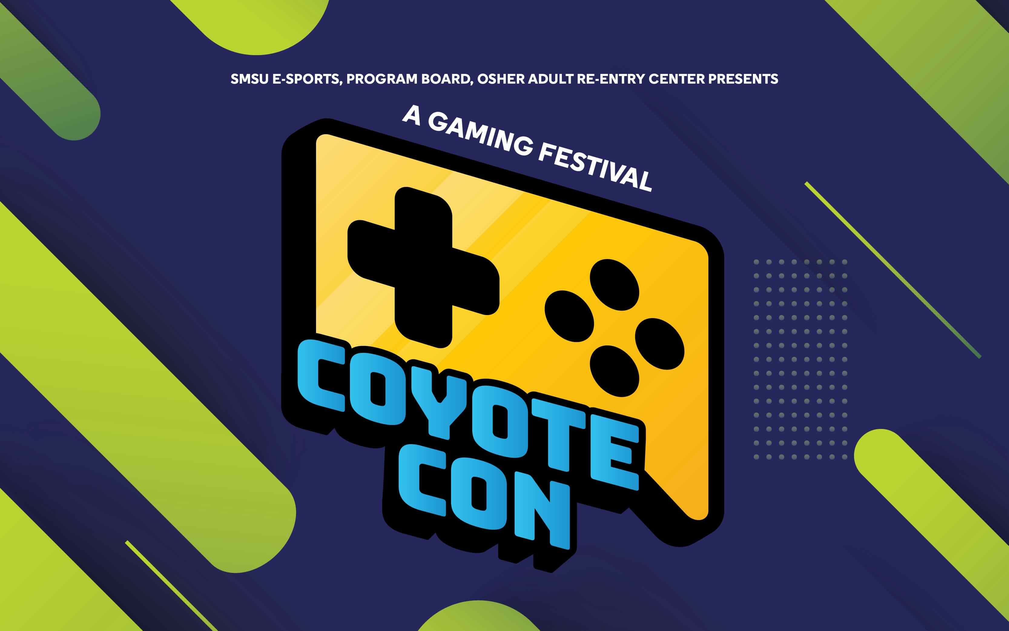 The flyer features a bold and modern design with a dark blue background, neon green accents, and a large stylized yellow gaming controller with "Coyote Con" written in blue block letters, highlighting an exciting gaming festival. Would you like me to add specific event details if available?