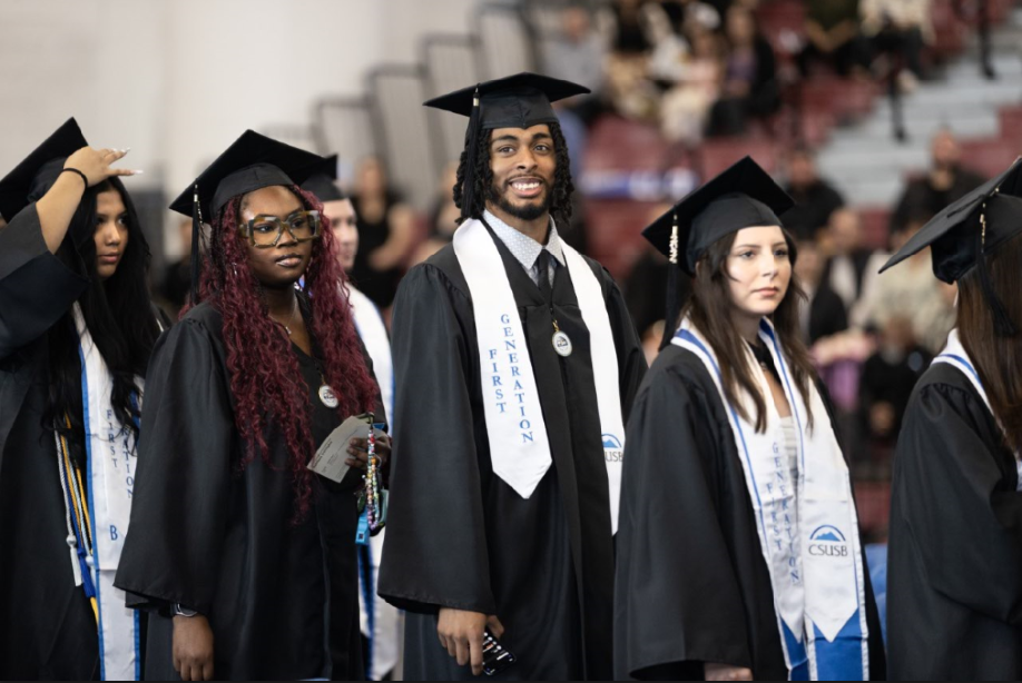 CSUSB graduates wait in line during Commencement ceremony