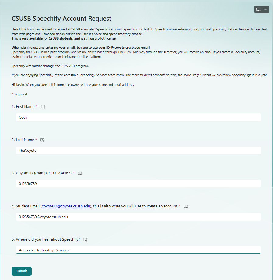 Speechify sign up form, filled out