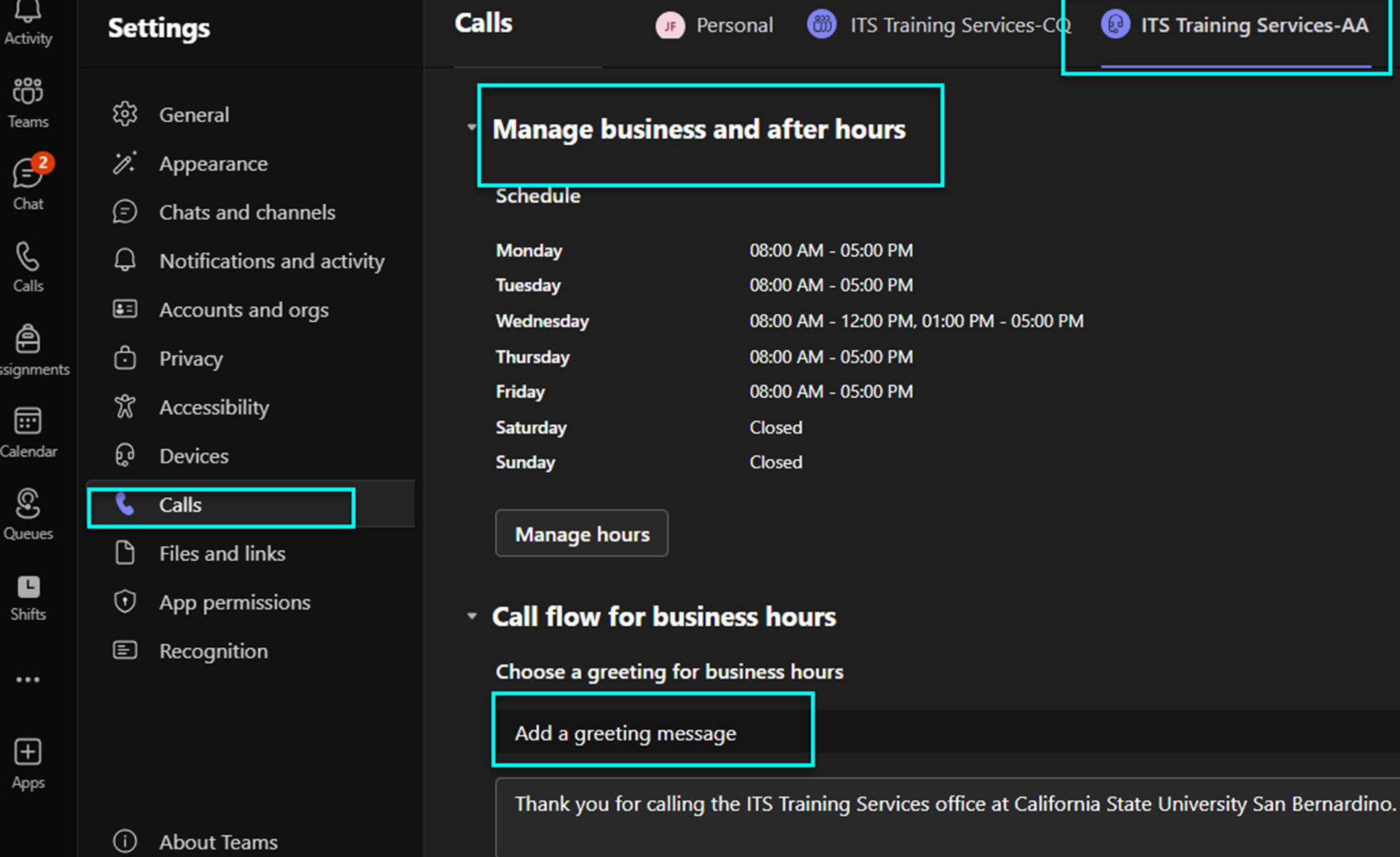 Screenshot of how supervisor can mofify business hours and customize the call center