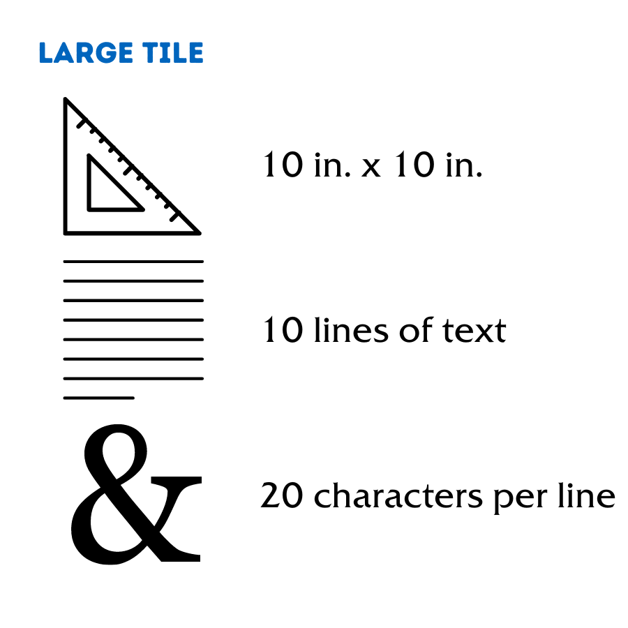 a large tile is 10x10 inches, 10 lines of text, and 20 characters per line