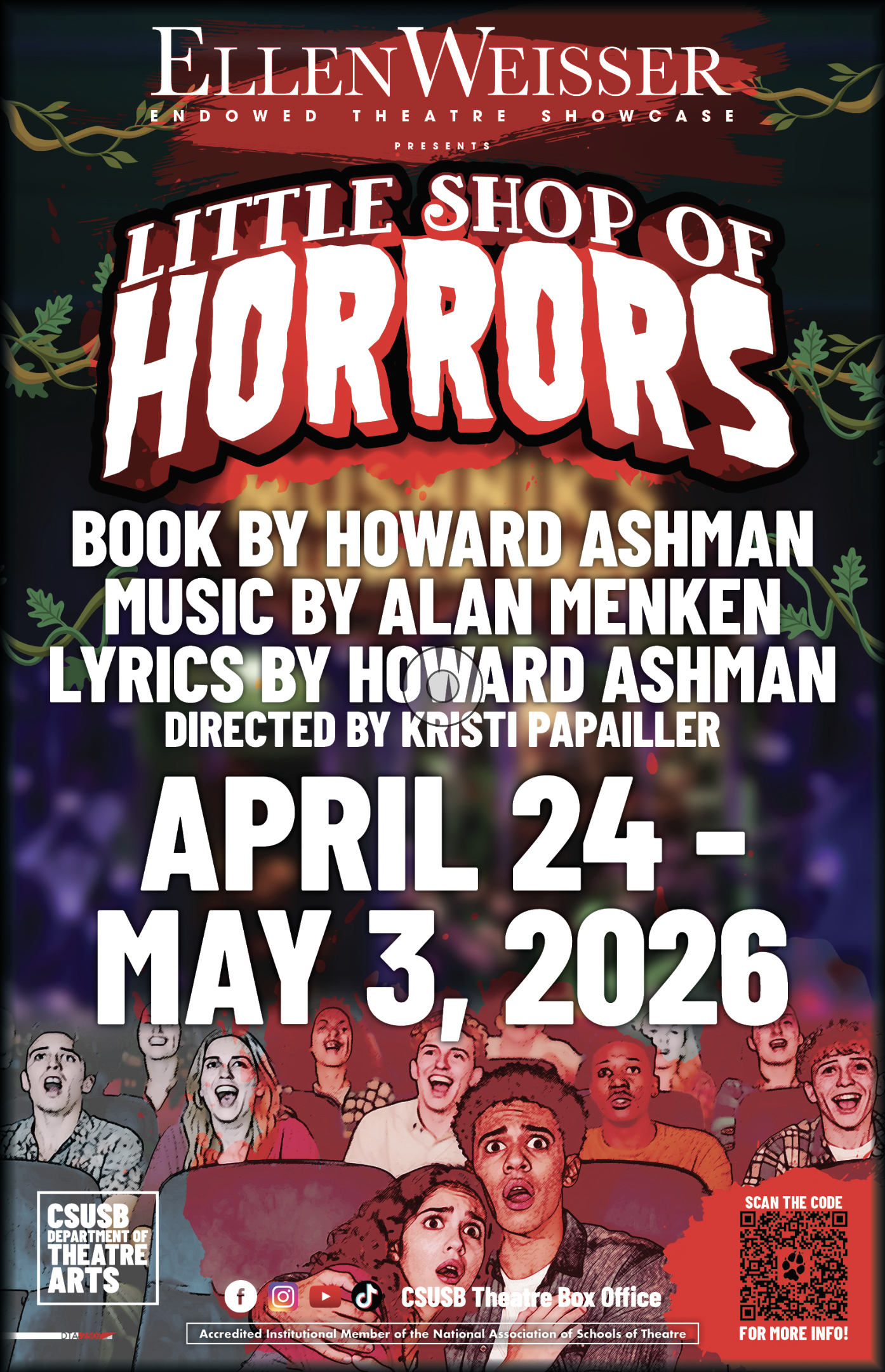 Little Shop of Horrors, Book by Howard Ashman, Music by Alan Menken, Lyrics by Howard Ashman and directed by Professor Kristi Papailler, April 24 - May 3, 2026