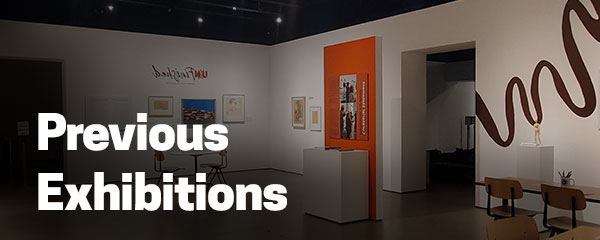 Museum gallery with the words previous exhibition in the lower left corner