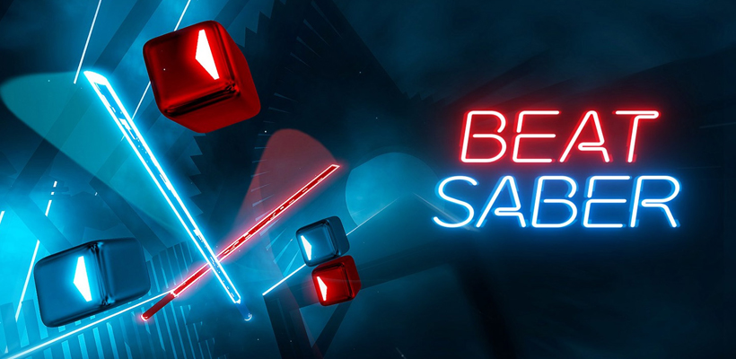 **Alt Text:** Promotional image for the virtual reality rhythm game *Beat Saber*. It features two glowing sabers—one red and one blue—crossing in midair as they slice through matching red and blue cubes. The title “BEAT SABER” appears in bold neon text on the right side against a dark, futuristic background illuminated by light streaks and geometric shapes.