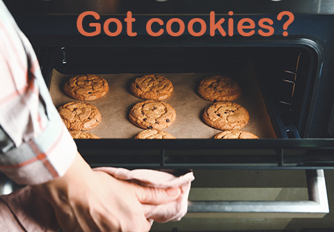 Got cookies?  An open oven door reveals a tray of chocolate chip cookies done baking.