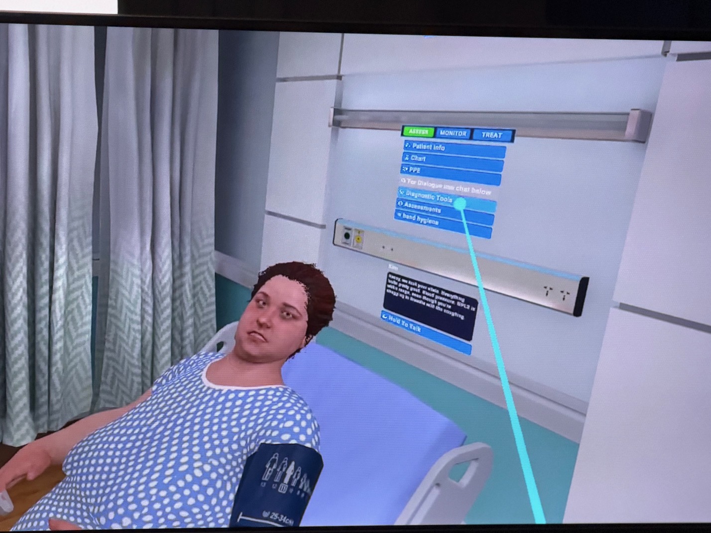 A virtual reality healthcare simulation shows a patient lying in a hospital bed while the user selects diagnostic tools from an on-screen menu.
