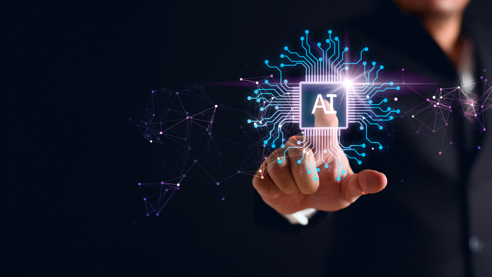 Business professional interacting with a digital artificial intelligence interface, featuring an AI microchip, neural network connections, and global data networks representing machine learning and advanced computing technologies.