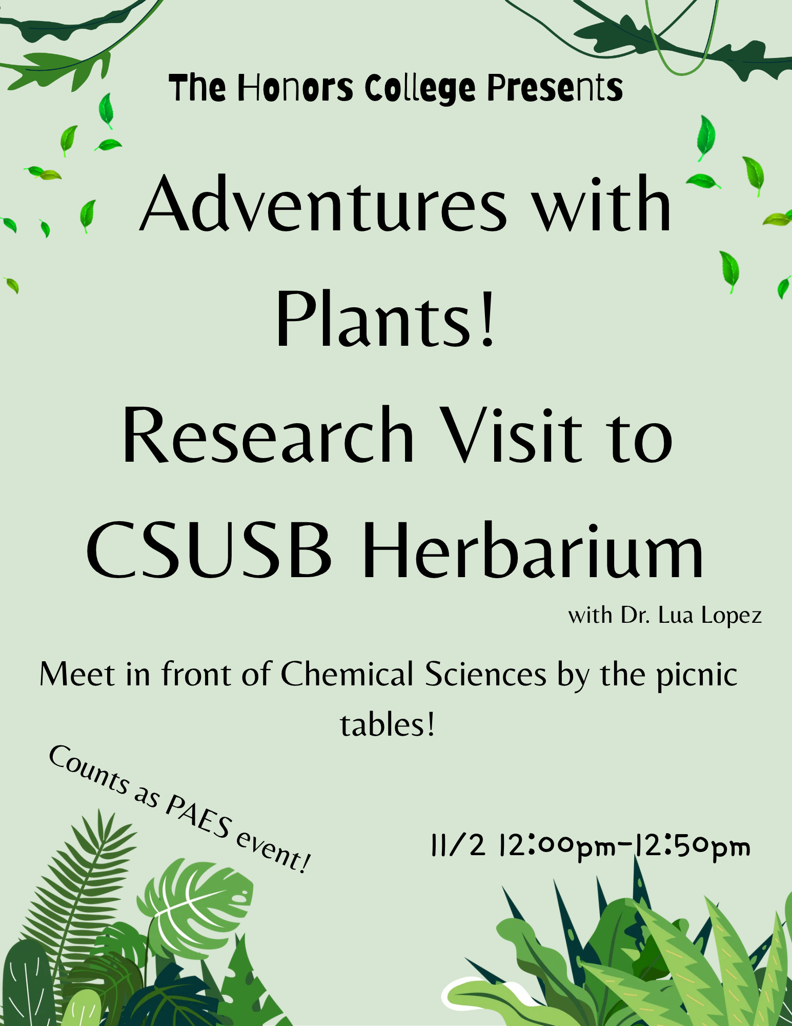 Flyer for Research Visit! Adventures with Plants at the CSUSB Herbarium