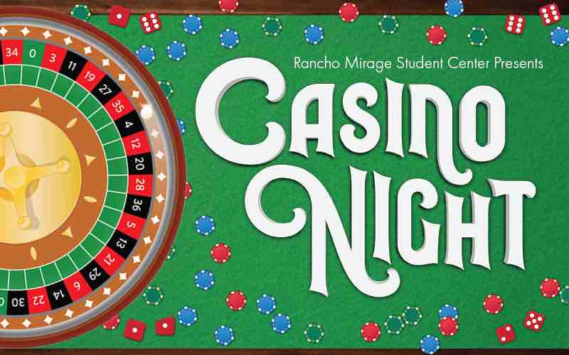 Graphic with a casino game design and the title "Casino Night" in a bold white color with a green background.