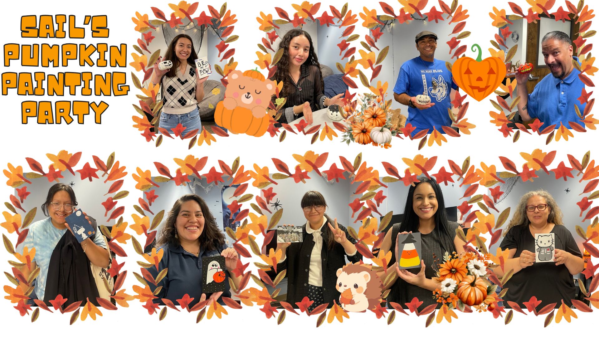 SAIL students and staff showing off their artwork made during SAIL's Pumpkin Painting Party