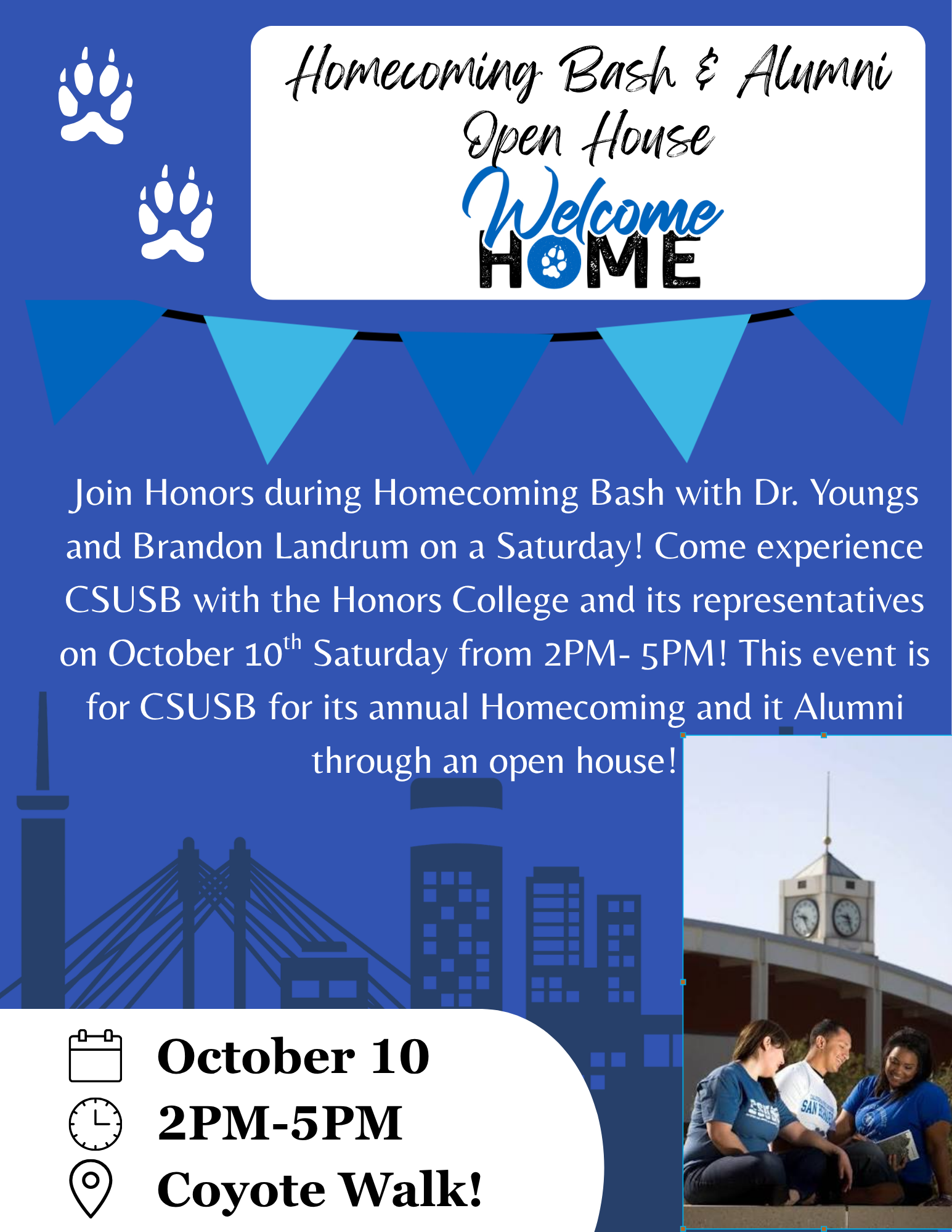 Flyer for CSUSB Homecoming Bash and Alumni Open House