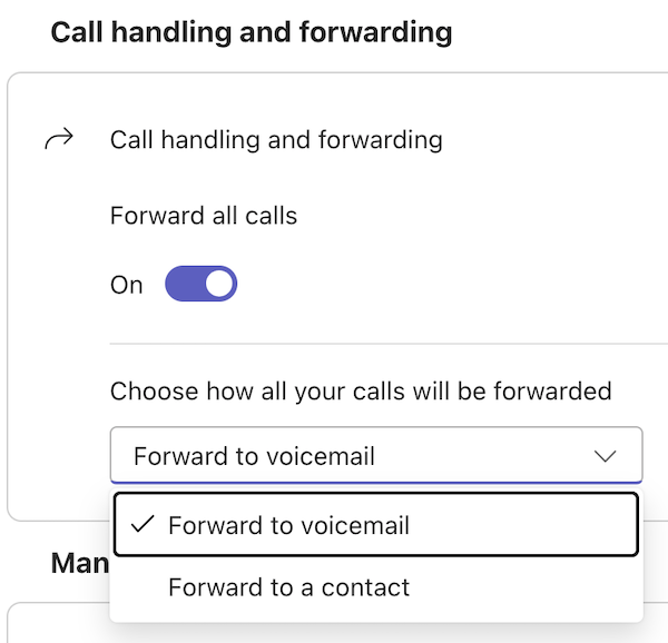 Options for forwarding calls in Teams Phone - Voicemail or to a contact