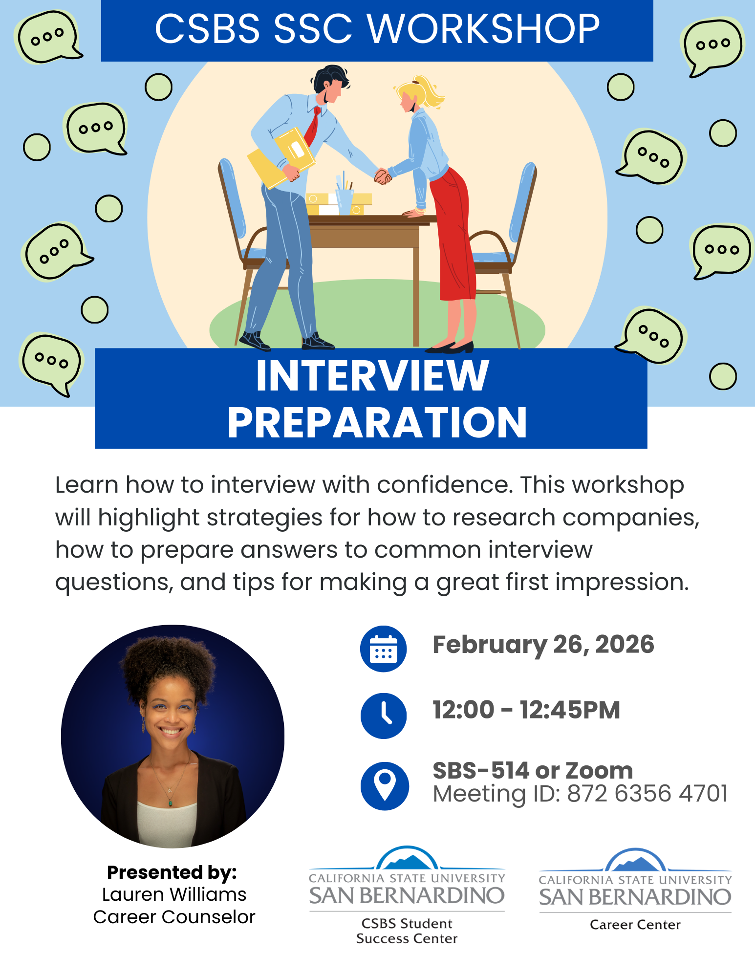 CSBS Student Success Center Workshop Flyer for Interview Prep