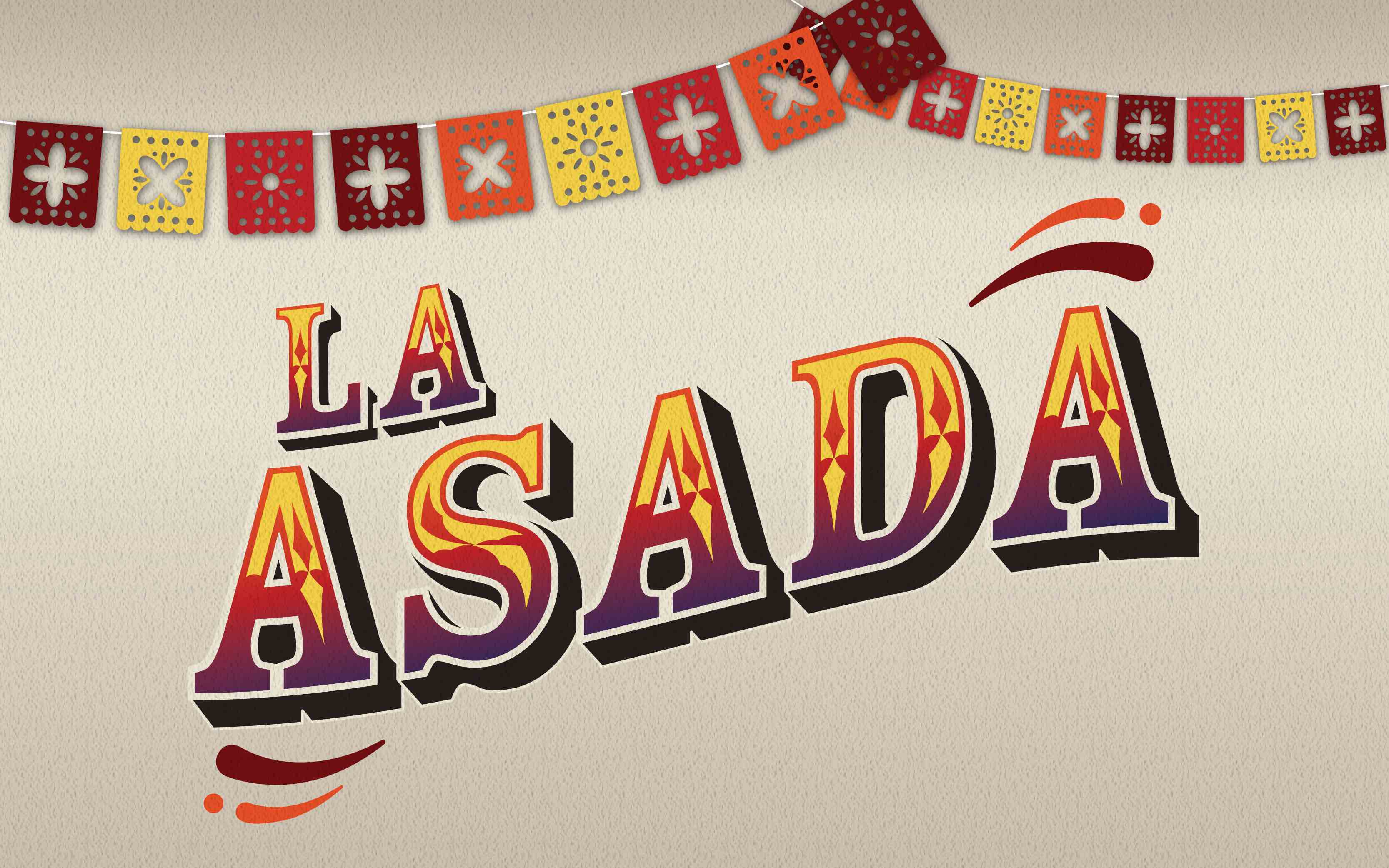 A design with the title "La Asada" all in a yellow, red and purple design with some Mexican Culture drawings.