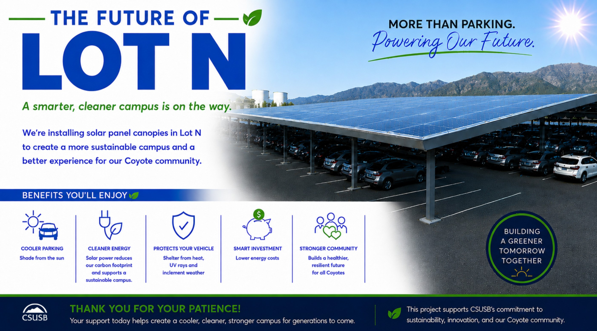Flyer conveying project details with image of a parking lot with solar PV canopy. 