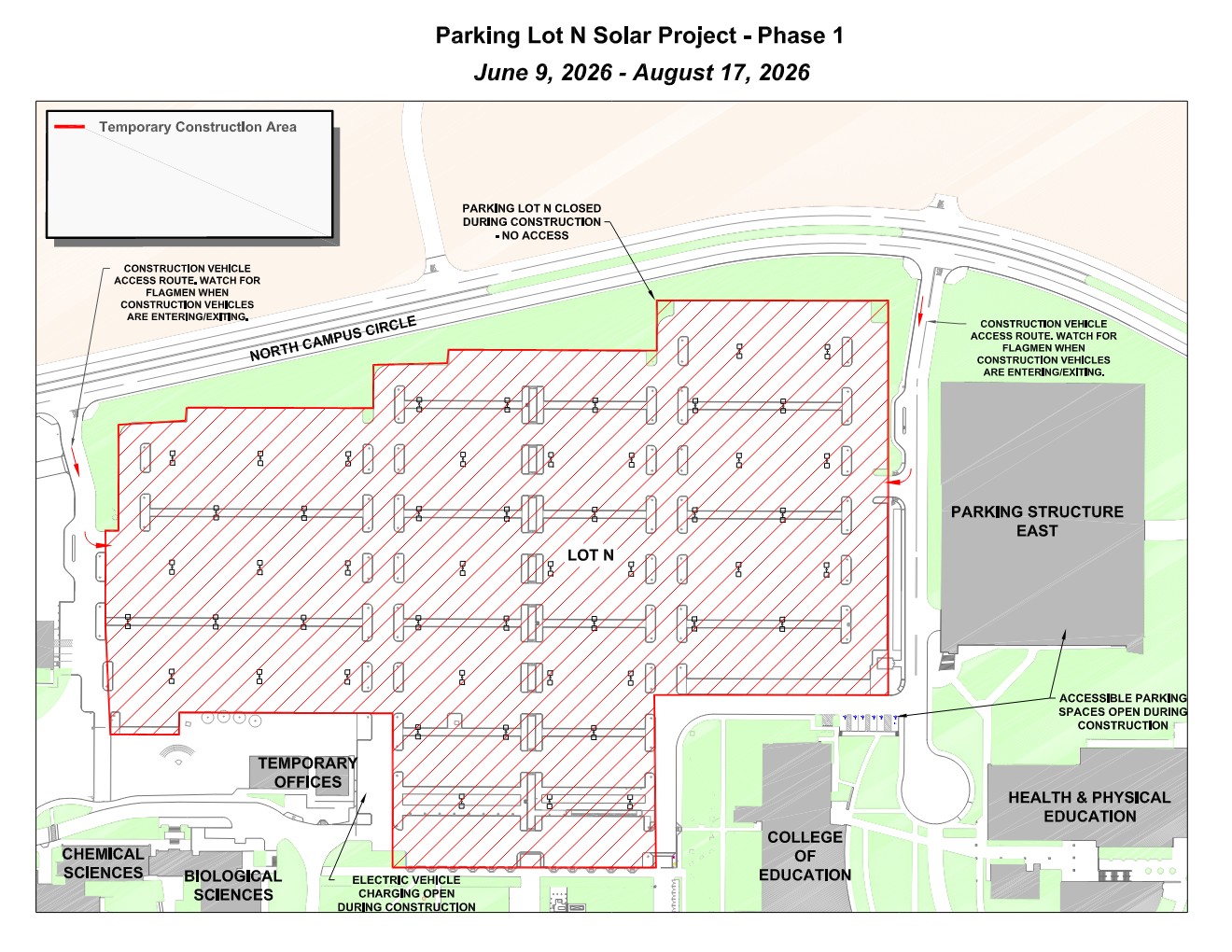 Campus map depicting areas of construction for Lot N solar project. 