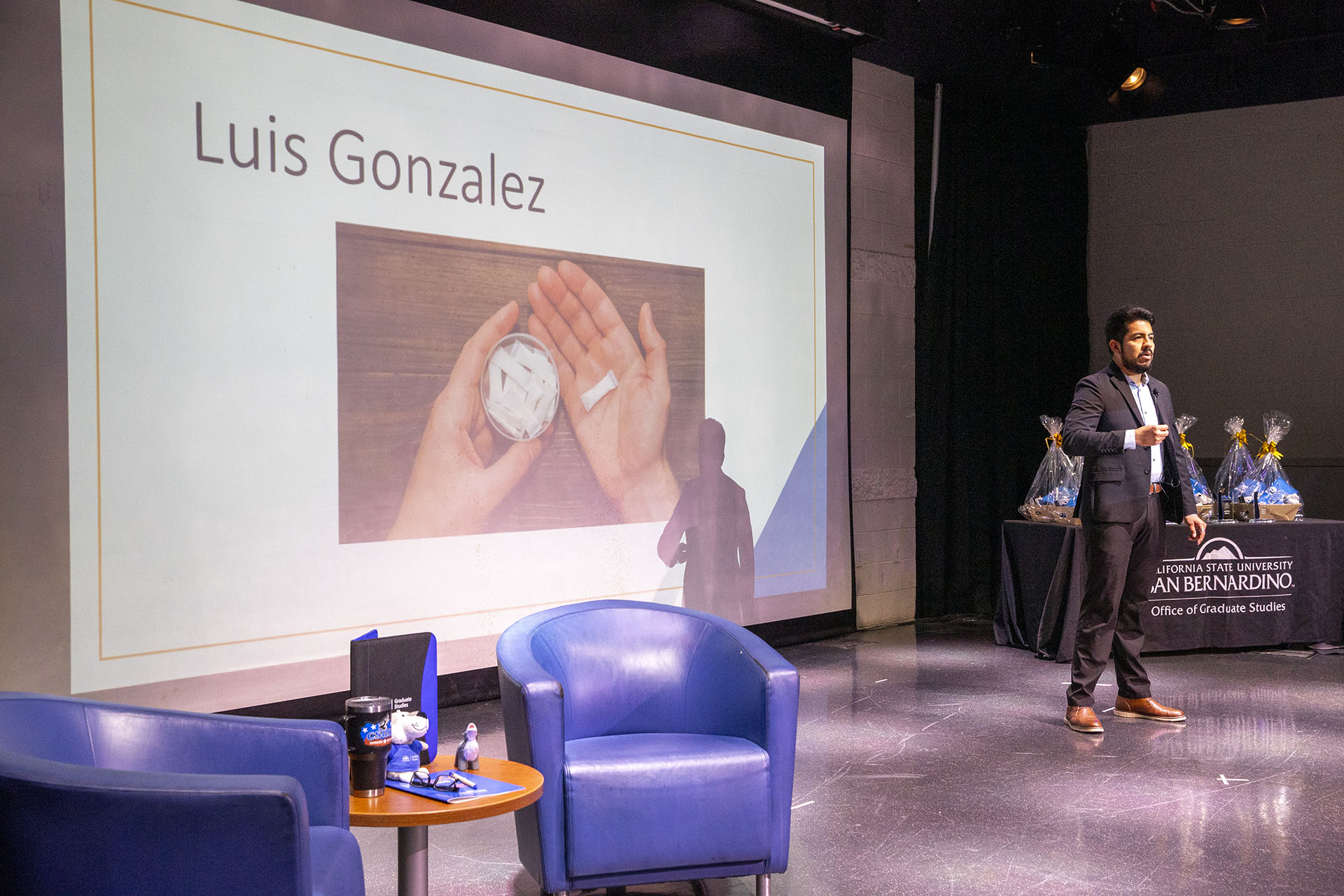 Luis Gonzalez gives his three-minute pitch, during the Grad Studies Grad Slam 2026, at California State University, San Bernardino, on Wednesday, April 8, 2026