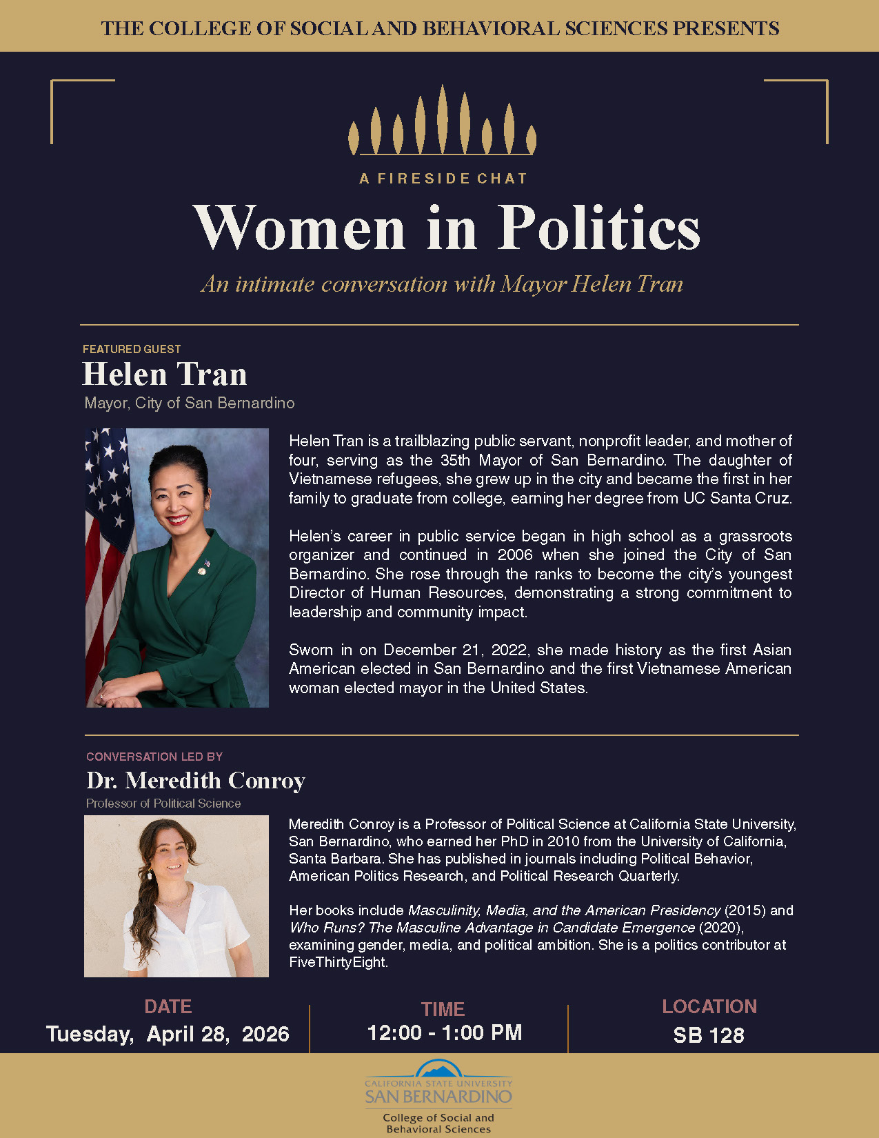 Women in Politics even flyer with photos of Meredith Conroy and SB Mayor Helen Tran.