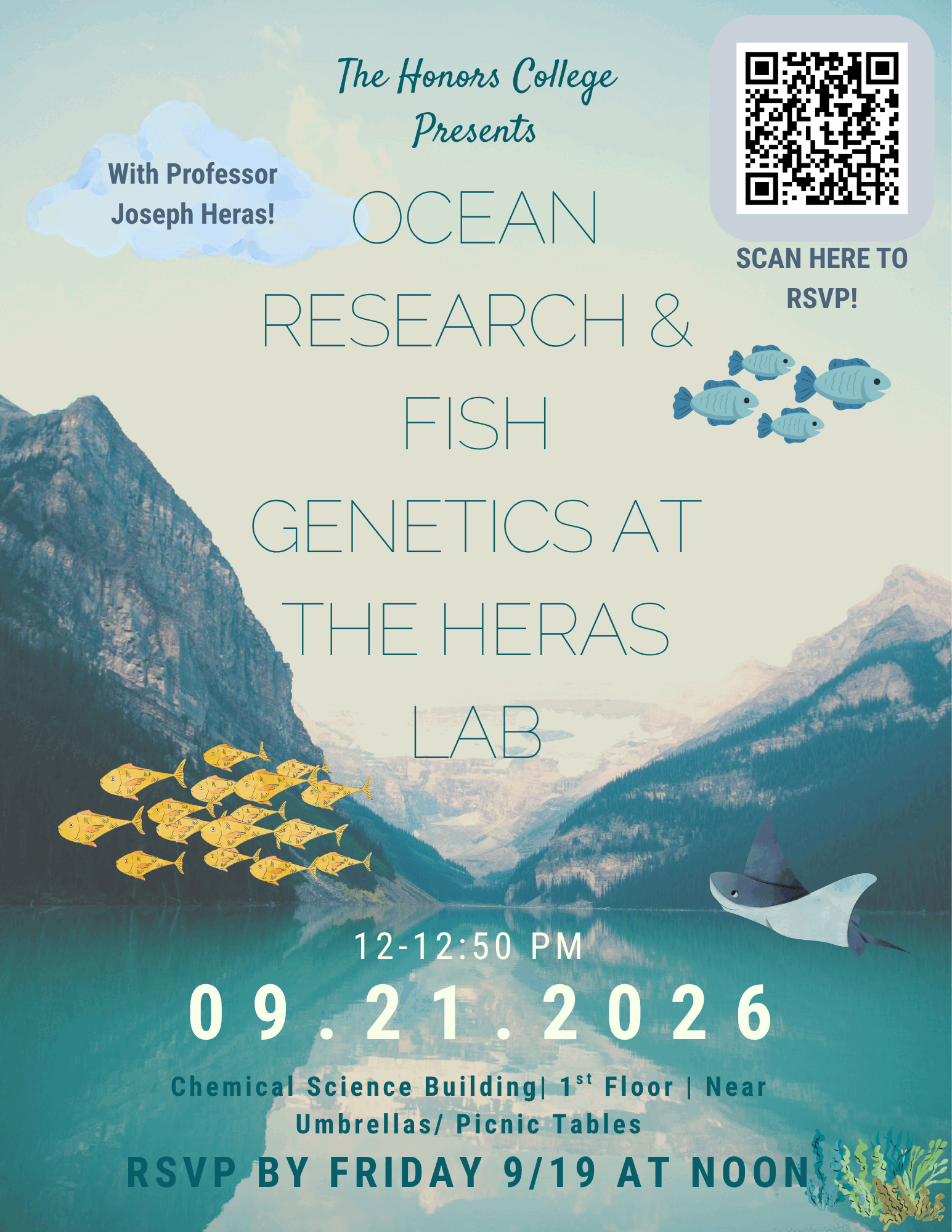 flyer for Ocean Research & Fish Genetics at The Heras Lab 