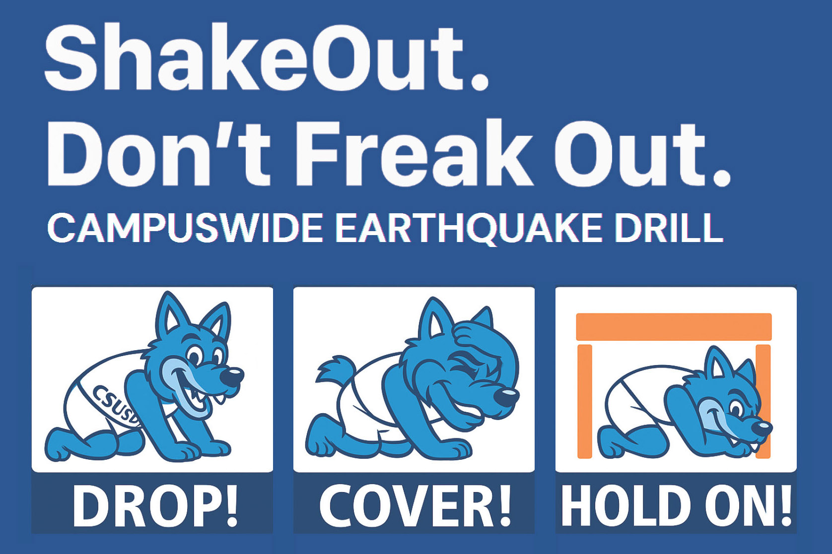 Graphic of CSUSB mascot Cody Coyote demonstrating drop, cover, hold on for ShakeOut quake drill.>>