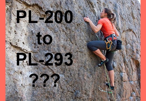 PL-200 to PL-293?  A young woman scales a sheer cliff face with rock climbing gear.