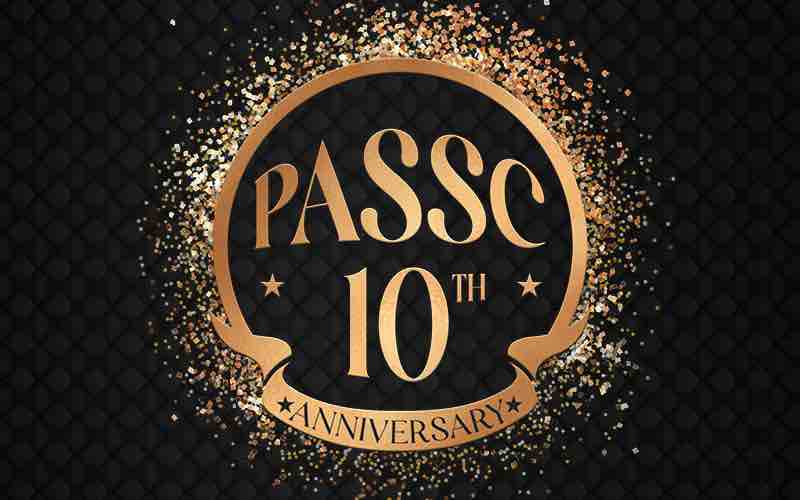 A black-and-gold celebratory graphic reading “PASSC 10th Anniversary,” featuring a circular emblem surrounded by sparkling gold confetti.