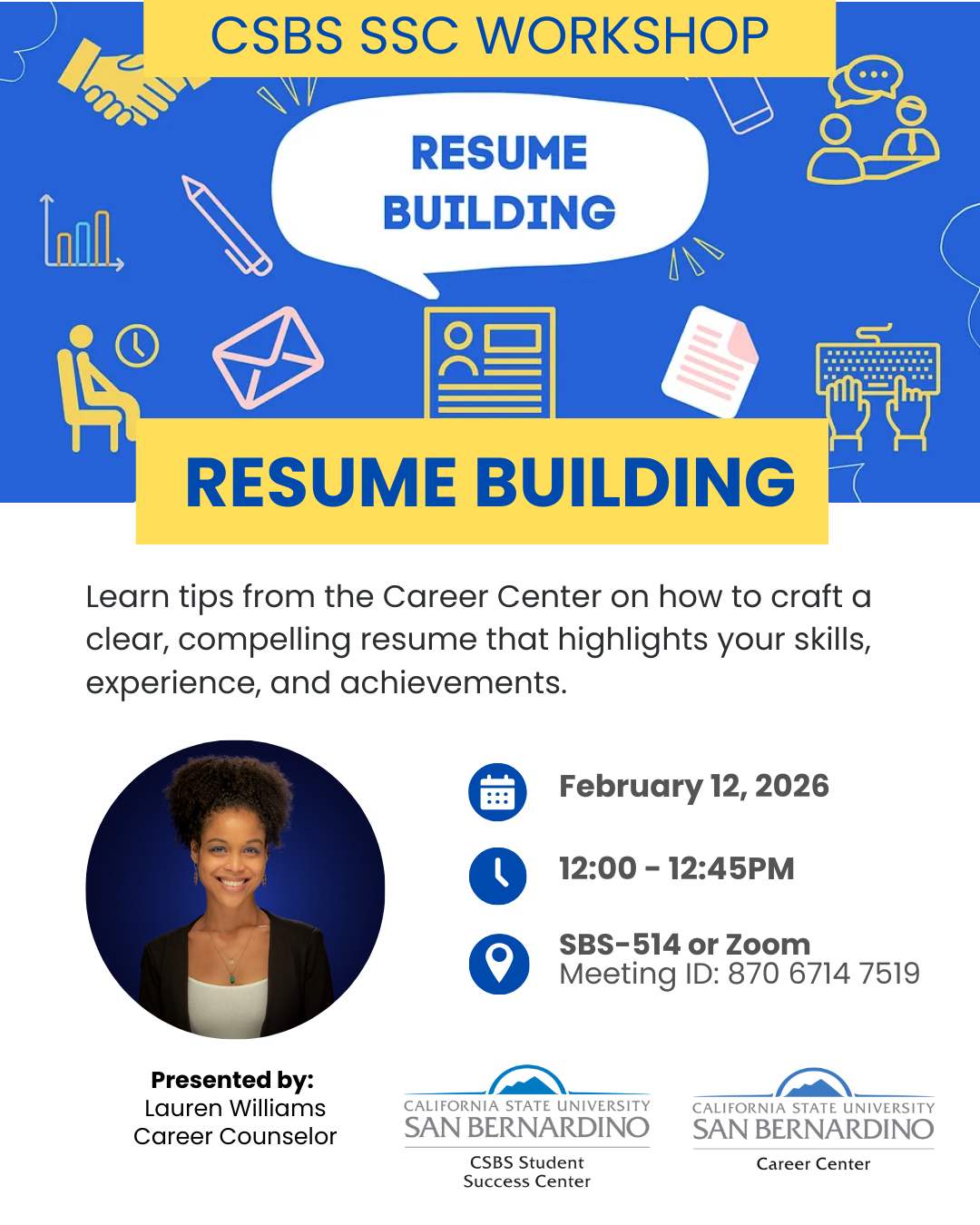 CSBS Student Success Center Resume Building Workshop Flyer