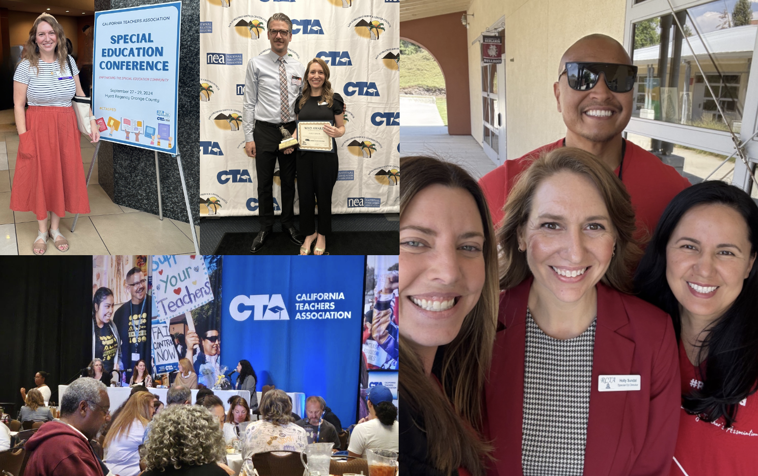 Clockwise from upper left, Holly Sundal; presenting on special education organizing at the CTA Special Education Conference in 2024; Sundal with colleagues Andrea Graydon (CSUSB BA Liberal Studies ‘06), Peter Siy, and Veronica Dorantes-Navarrete (CSUSB MA Education ‘09), wearing “Red for Ed” to support her presentation to the bargaining team for special education contract negotiations; Sundal with husband, Daniel, at the San Gorgonio Service Center Council “We Honor Ours” award banquet; CTA Special Education Conference.