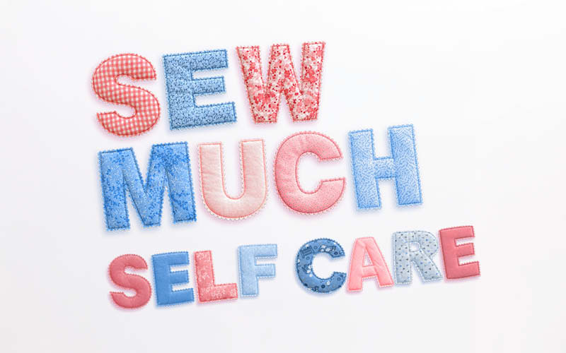 Decorative text reading 'Sew Much Self Care' made from stitched, fabric-like letters in shades of pink, blue, and white on a plain white background.