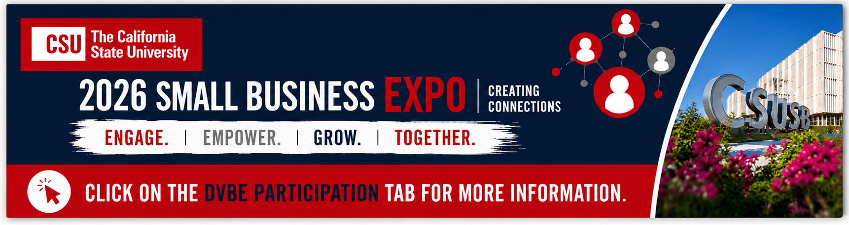 Banner: Announcing the Small Business Expo for August 4, 2026 from 8AM to noon. Instructions: Click on the DVBE Participation Tab in the upper right hand portion of the webpage for more information.