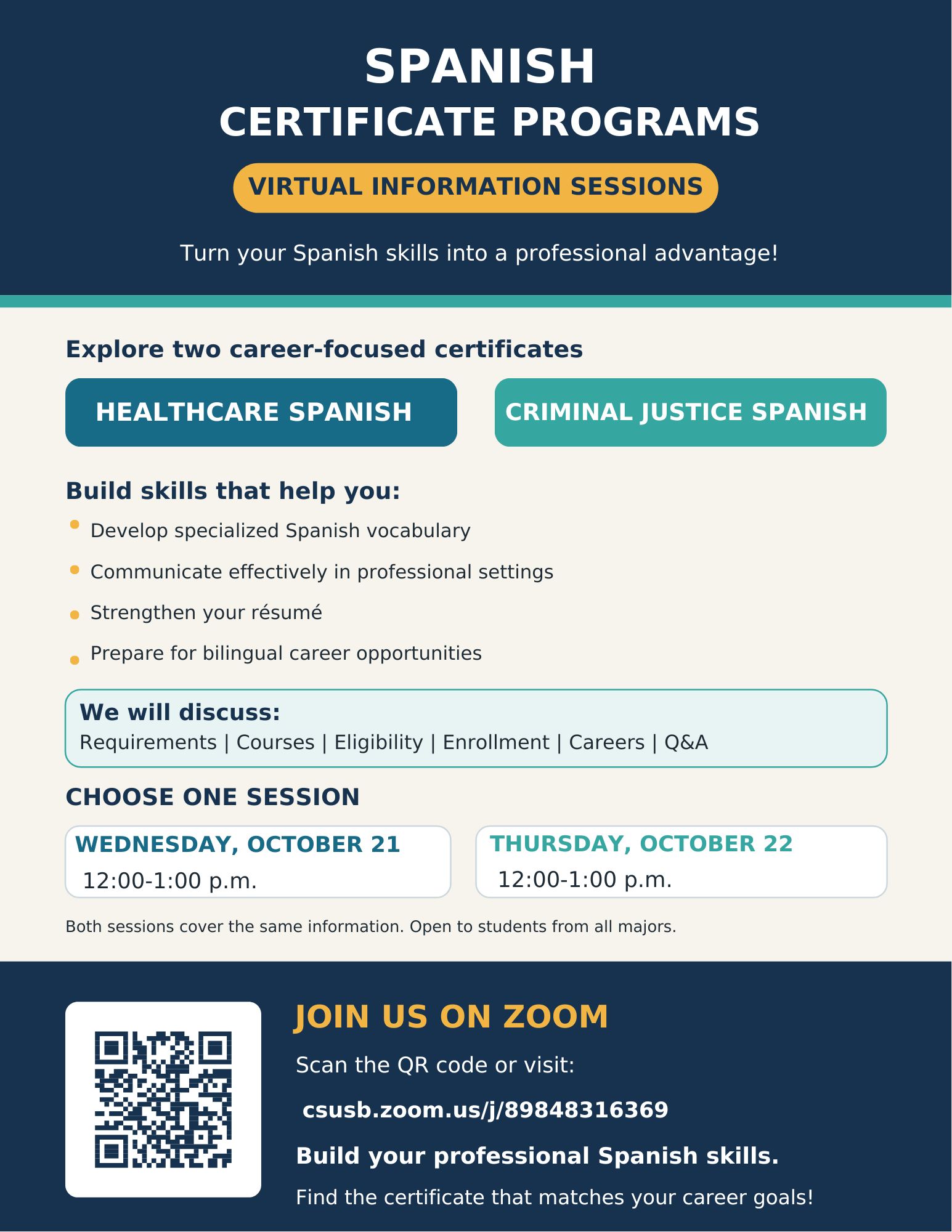 Flyer for Spanish Certificate Programs Infomation Sessions on October 21st and October 22nd for Healthcare & Criminal Justice in Spanish Certificates from 12pm - 1pm via ZOOM