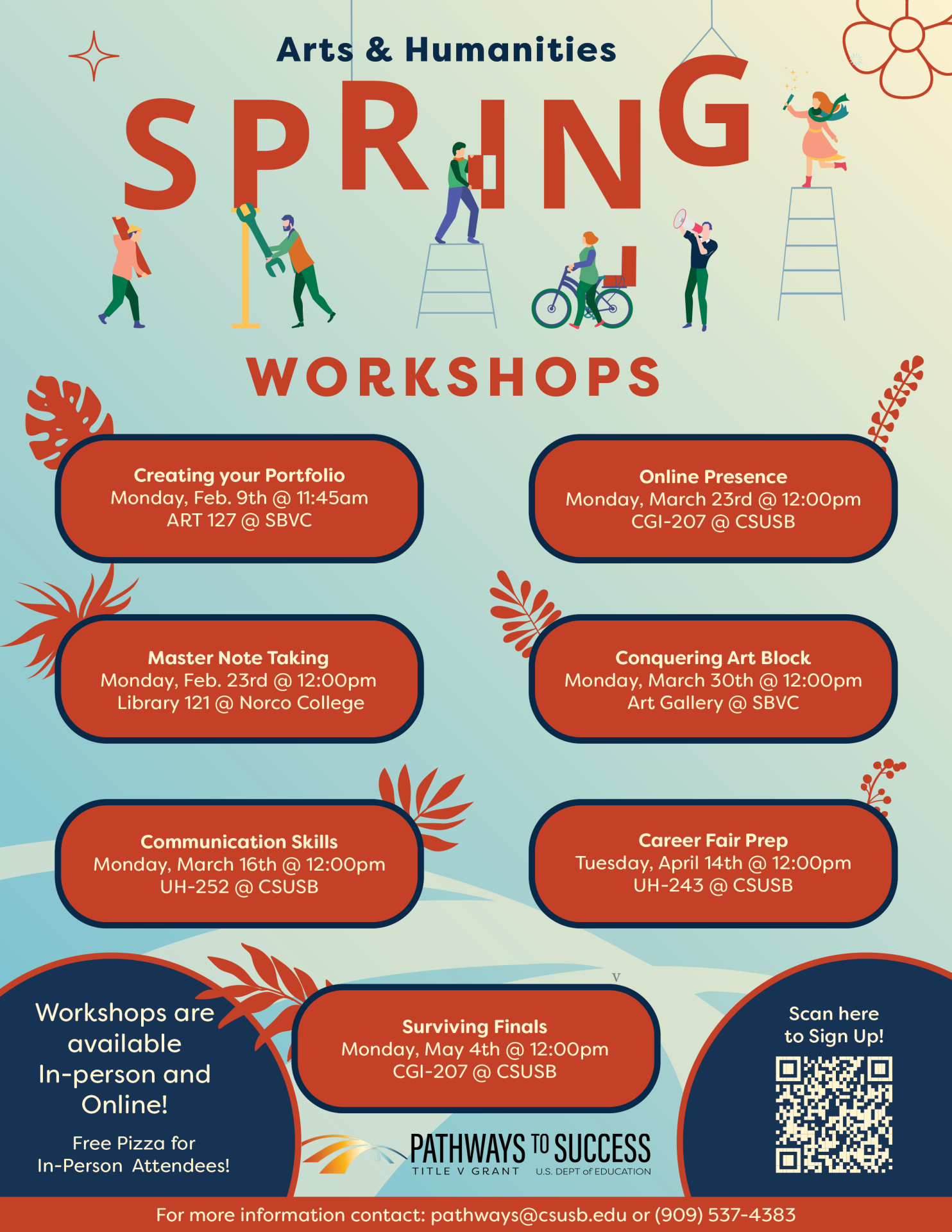 Pathways to Success Spring 2026 Workshop Flyer with workshops at CSUSB, Norco College, and SBVC