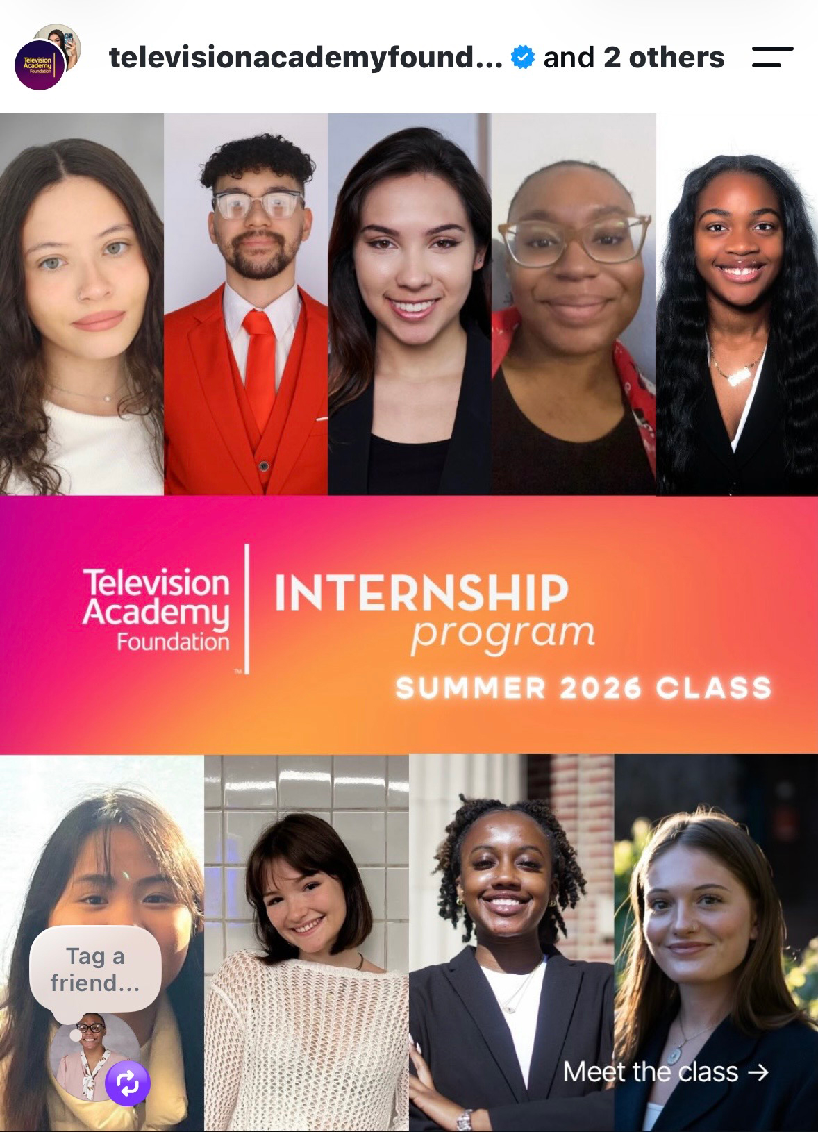 Webb, second from right in top row, was featured in the Television Academy Foundation social media post announcing the internship program’s Summer 2026 Class.