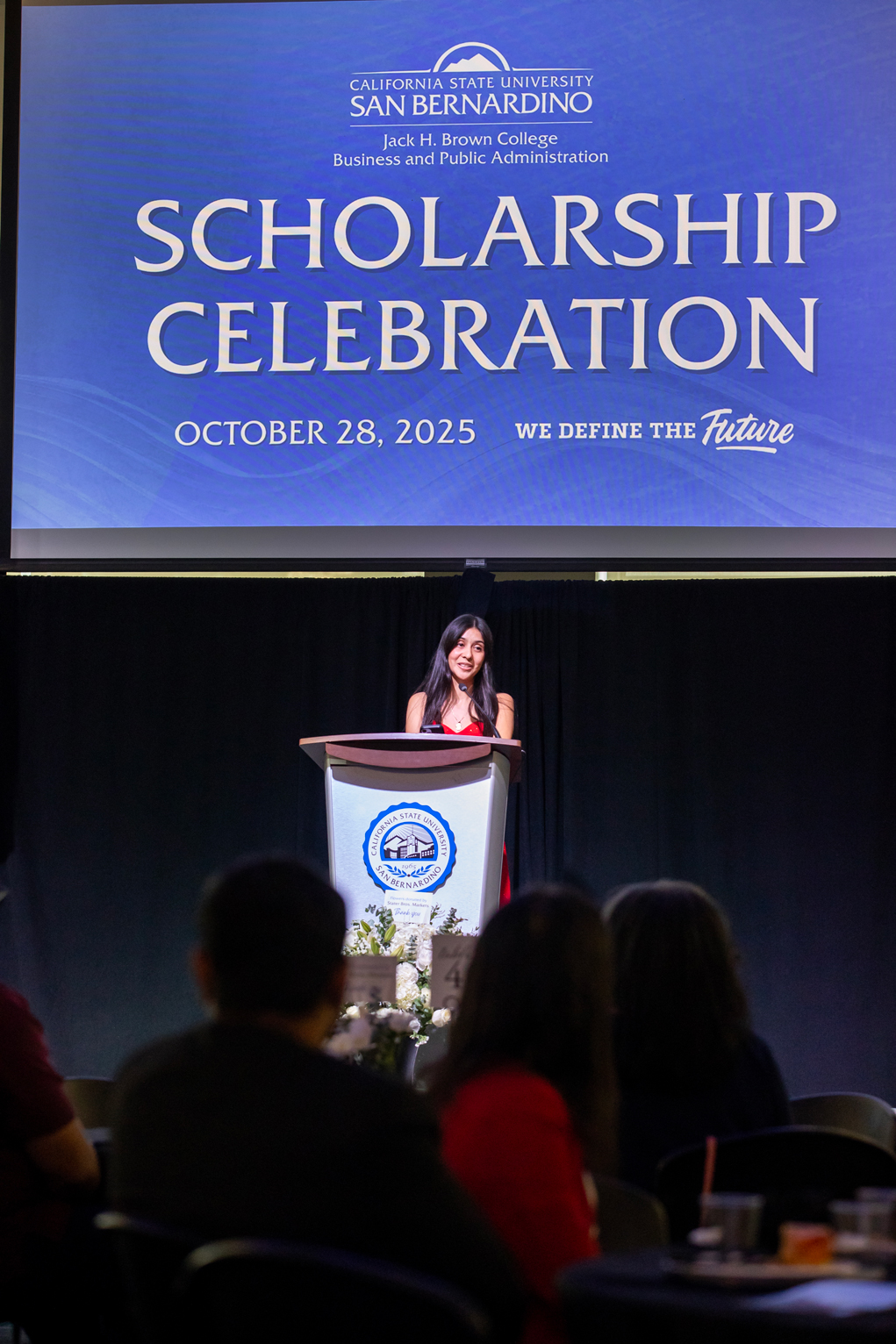 Jennifer Cornejo spoke about her journey at the 2025 Scholarship Celebration for Jack H. Brown College of Business and Public Administration scholarship recipients.